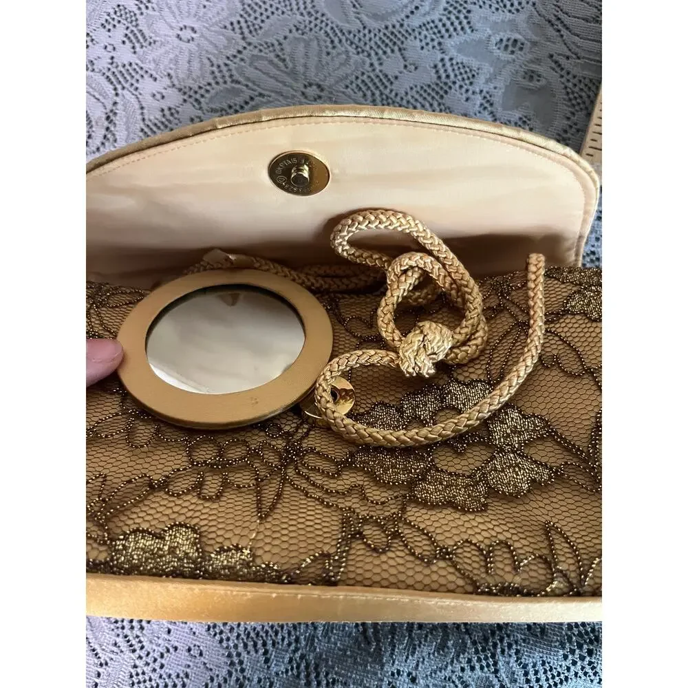 Gold Metallic Lace Evening Clutch Bag Braided Rope Strap Mirror Formal Purse